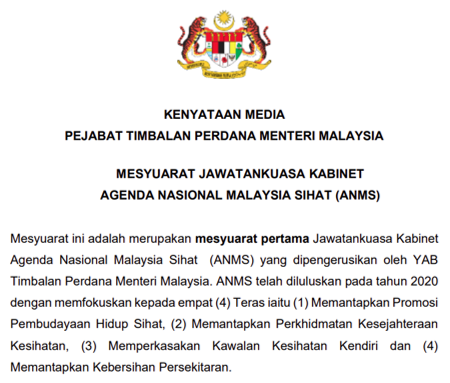 Kenyataan Media Pejabat Timbalan Perdana Menteri Malaysia Mesyuarat Jawatankuasa Kabinet Agenda Nasional Malaysia Sihat (ANMS)